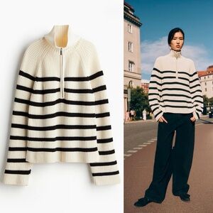 Black/White Rib Knit Half Zip Sweater (S, M, L)
